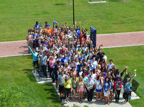 Aerial view of group of orientation students standing outside in Mother Catherine Spalding Square courtyard.