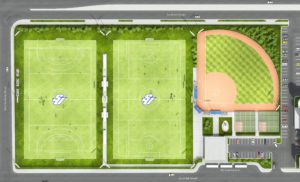 Rendering of overhead view of proposed Spalding athletic fields - two soccer fields and a softball field