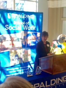 Judy Freundlich Tiell, director of Jewish Family and Community Services, received the Leadership Award from the Spalding School of Social Work on March 2, 2018.