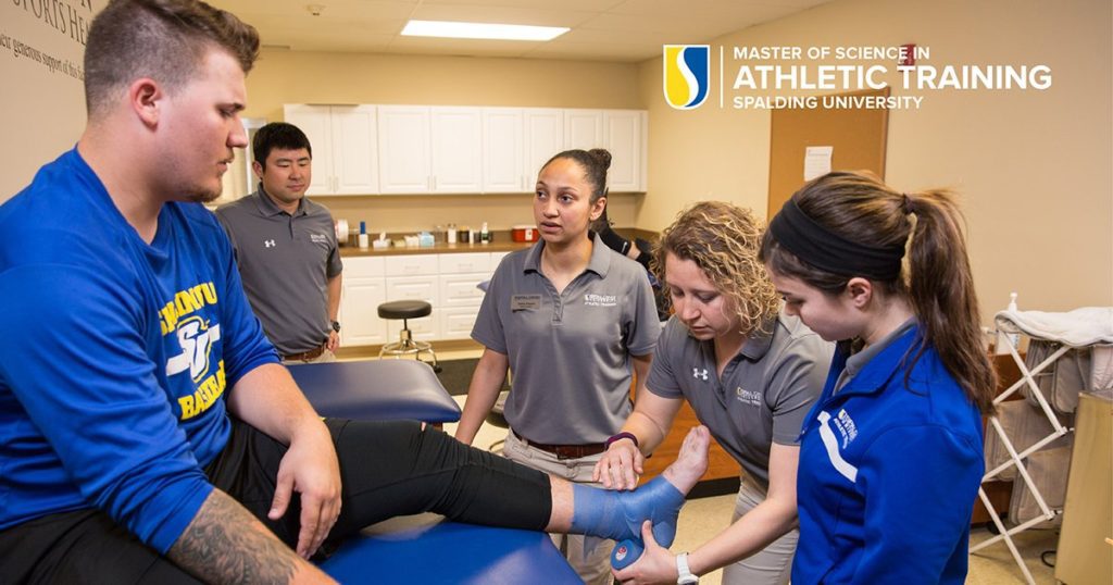 MSAT faculty member Tiffany Franklin tapes an ankle of an athlete on a training table as others watch. Graphic includes banner in top right corner: "Master of Science in Athletic Training, Spalding University" with a Spalding logo