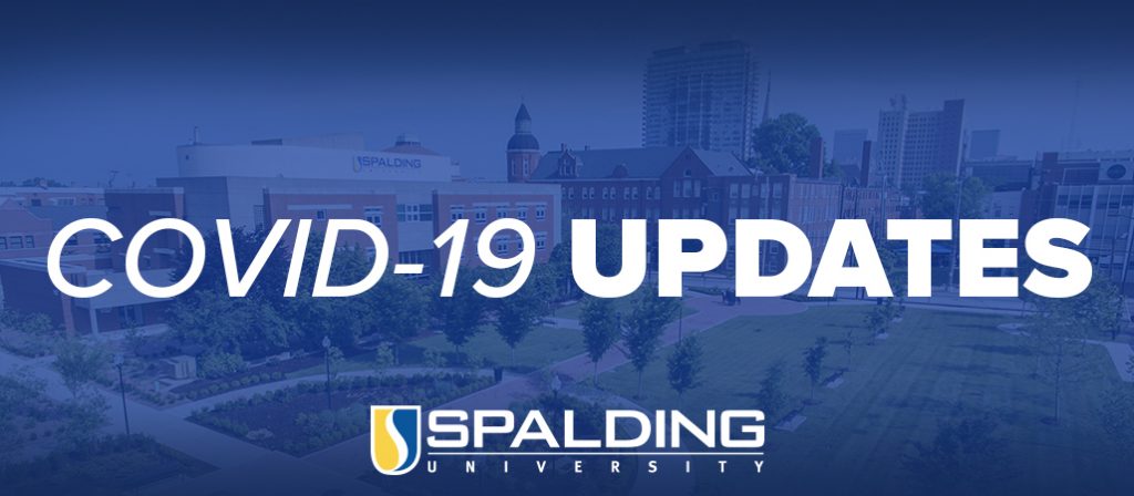 COVID-19 Updates Spalding graphic. Drone shot of campus set behind a blue overlay with Spalding log