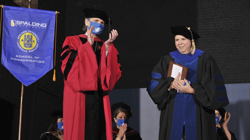 Spalding faculty Donna Elkins and President Tori Murden McCure