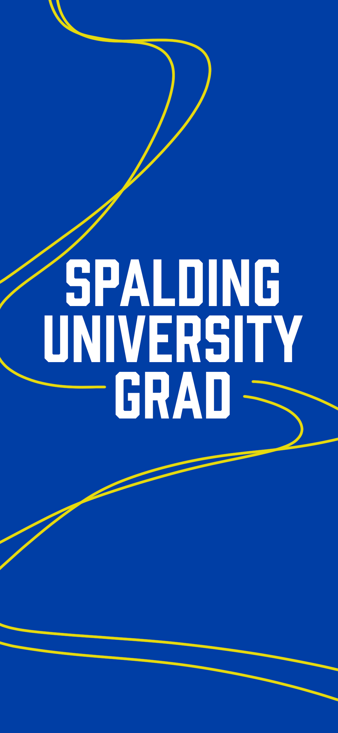 Spalding University graduate wallpaper, blue background with yellow wavy line and white text