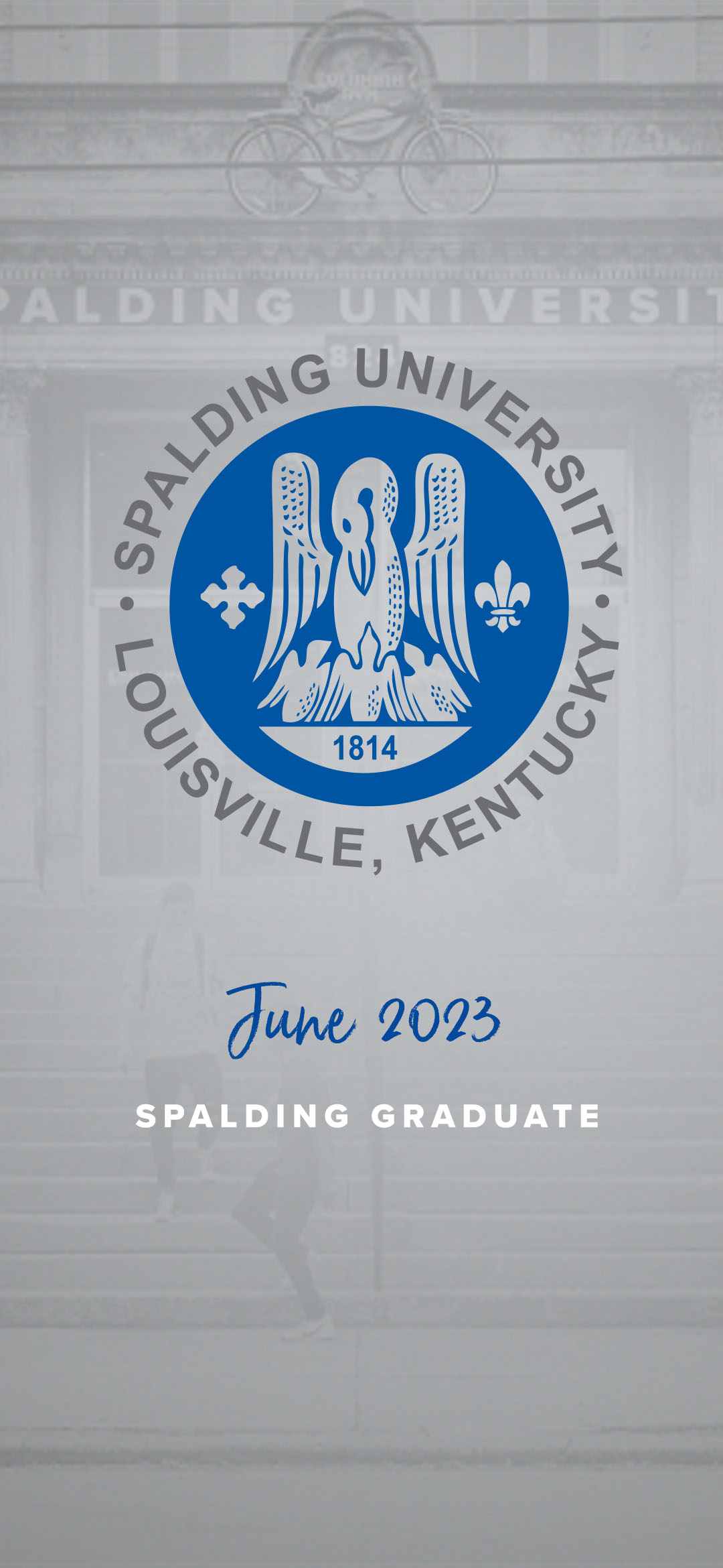 Spalding University graduate wallpaper, gray background with blue pelican seal