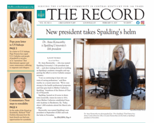 President Kenworthy on the front page of The Record. Headline reads "New president takes Spalding's helm."