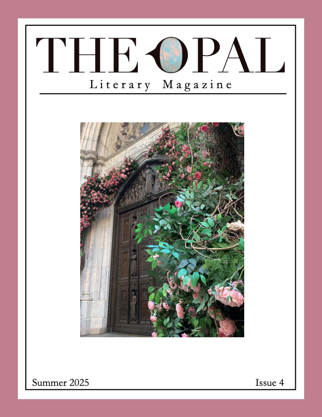 Cover of the Spalding Opal literary magazine with a picture of an intricate door covered in climbing roses