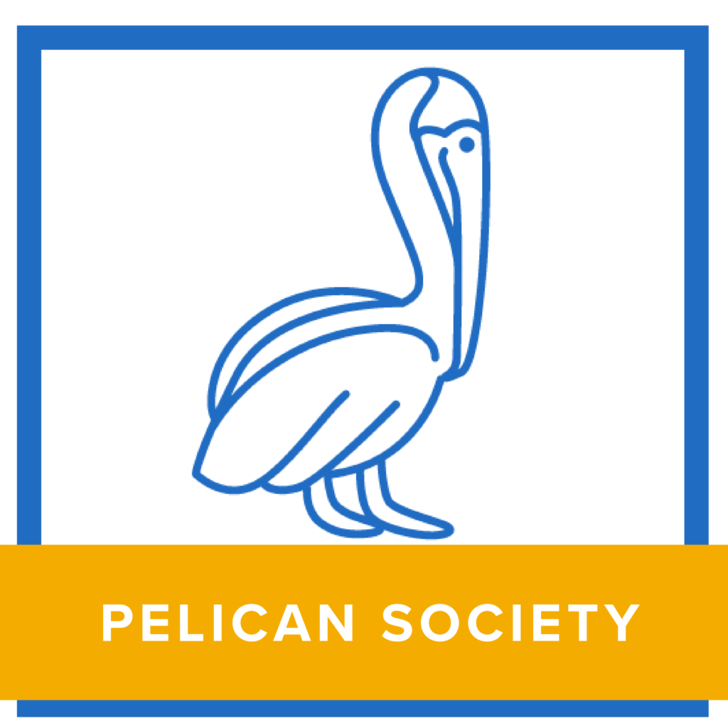Blue outline of a pelican with the text: Pelican Society