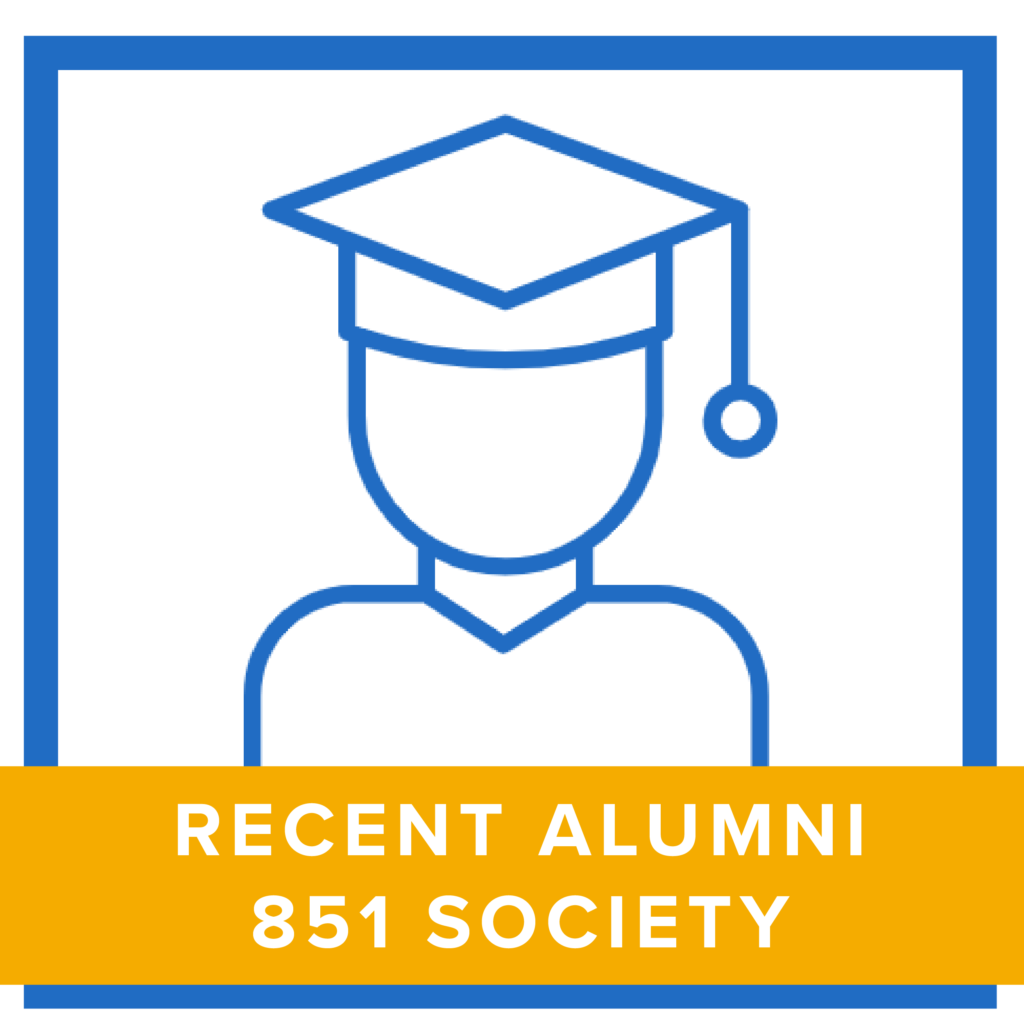 blue outline icon showing a person wearing a graduation hat with text that reads: recent alumni 851 society