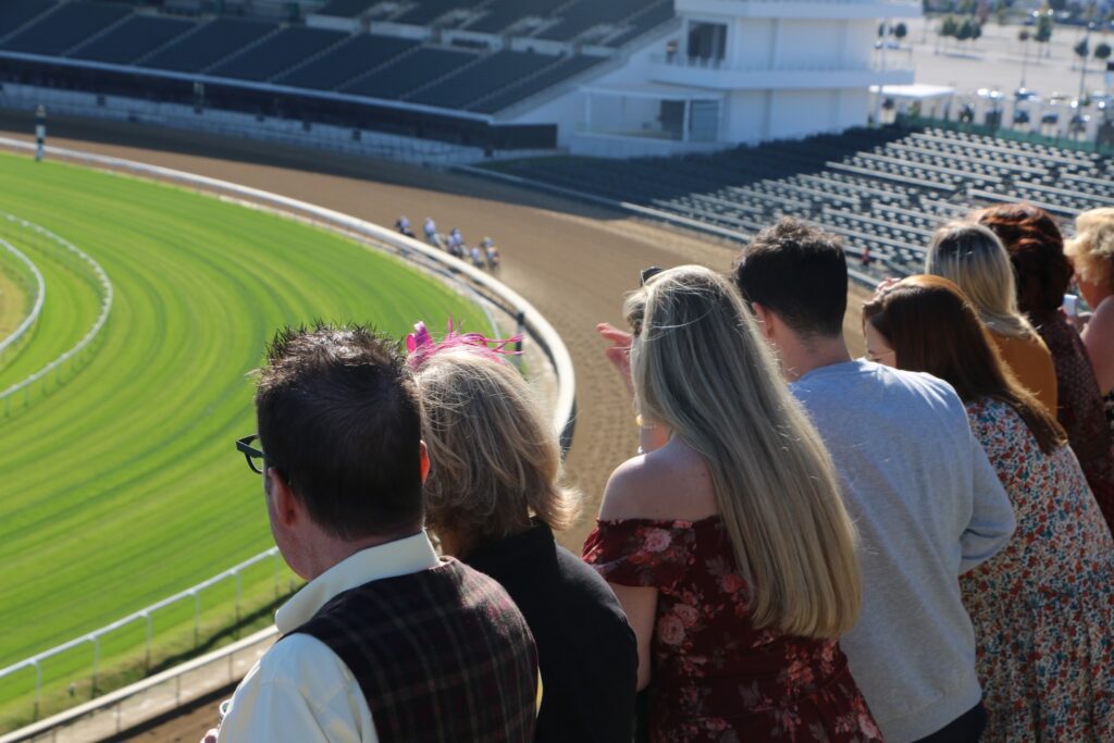 crowd watching horse race at day at the downs